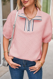 Colorblock Zipper Puff Sleeve Textured Blouse | Blouses Daverri Fashions