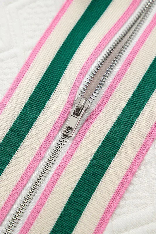 Colorblock Zipper Puff Sleeve Textured Blouse - DAVERRI FASHIONS