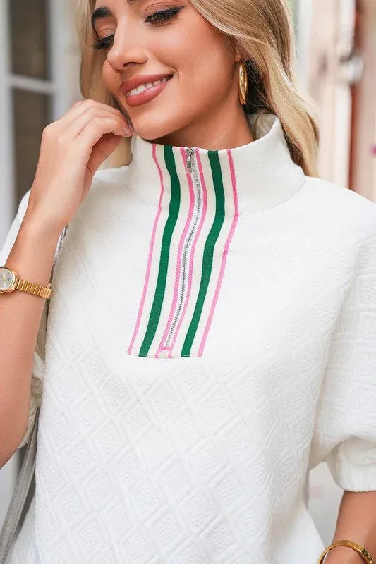 Colorblock Zipper Puff Sleeve Textured Blouse - DAVERRI FASHIONS