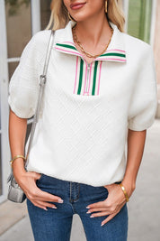 Colorblock Zipper Puff Sleeve Textured Blouse | Blouses Daverri Fashions