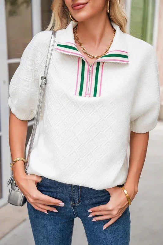 Colorblock Zipper Puff Sleeve Textured Blouse - DAVERRI FASHIONS
