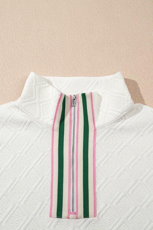 Colorblock Zipper Puff Sleeve Textured Blouse - DAVERRI FASHIONS