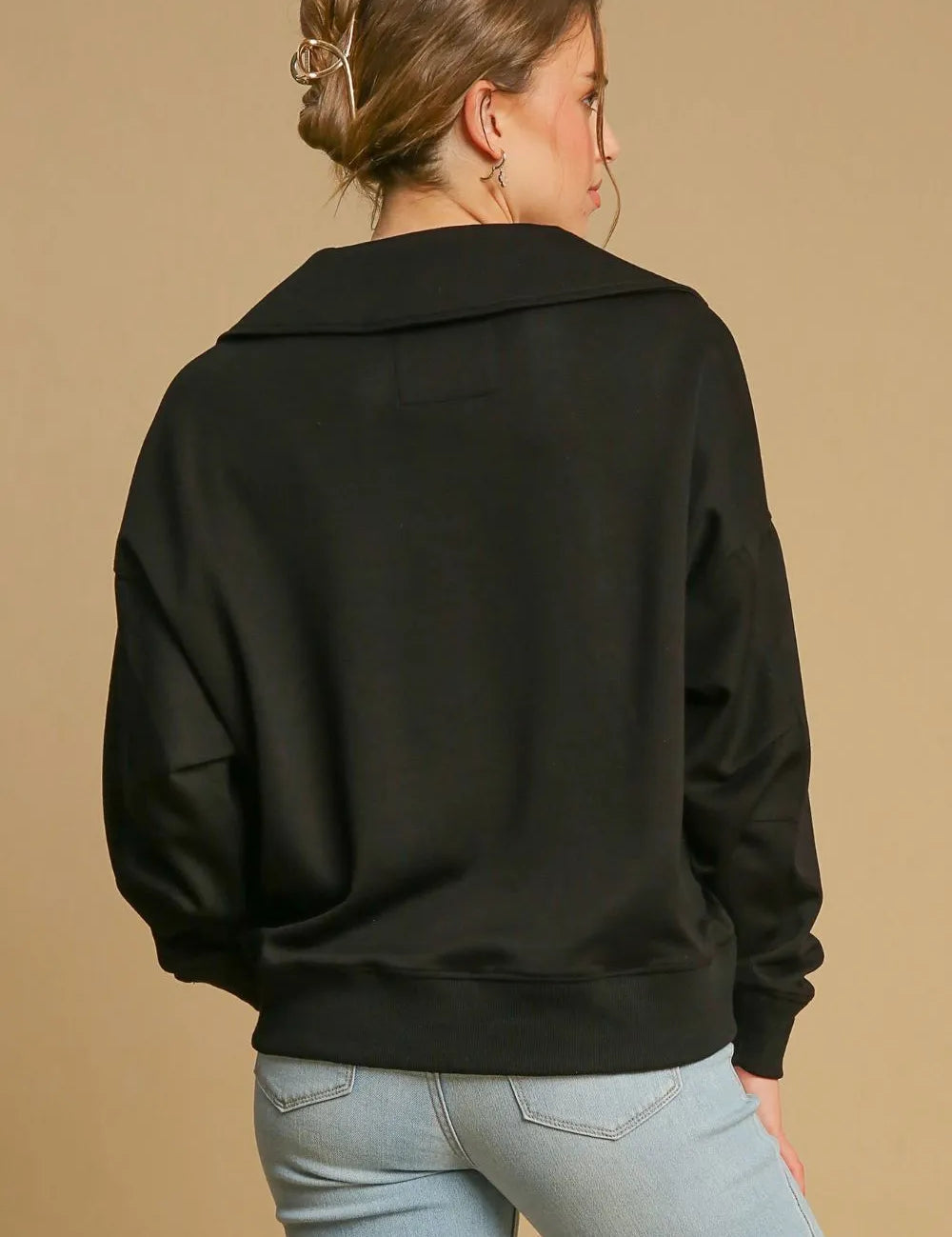 Umgee Johnny Collar Dropped Shoulder Sweatshirt | Daverri Fashions