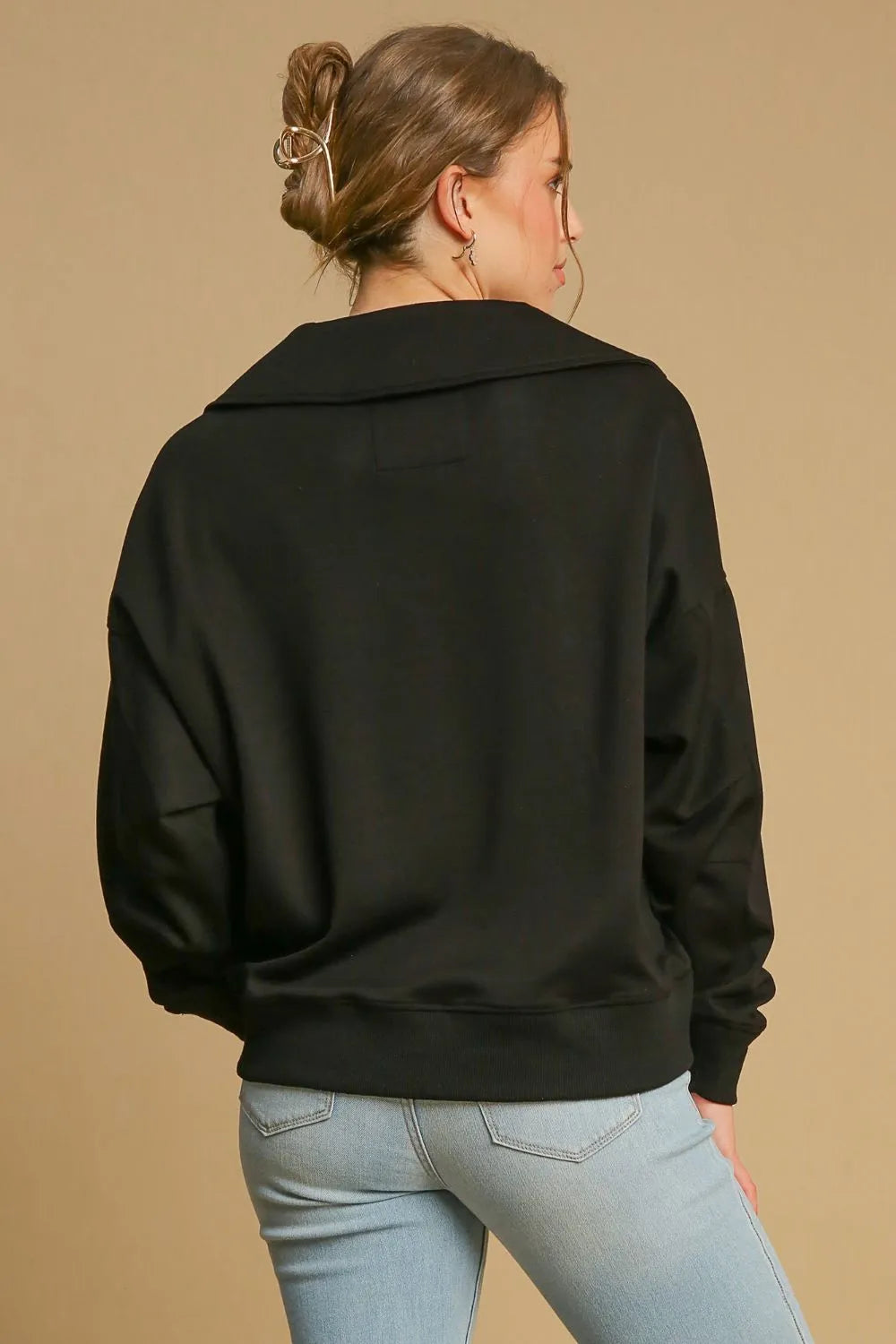 Umgee Johnny Collar Dropped Shoulder Sweatshirt | Daverri Fashions