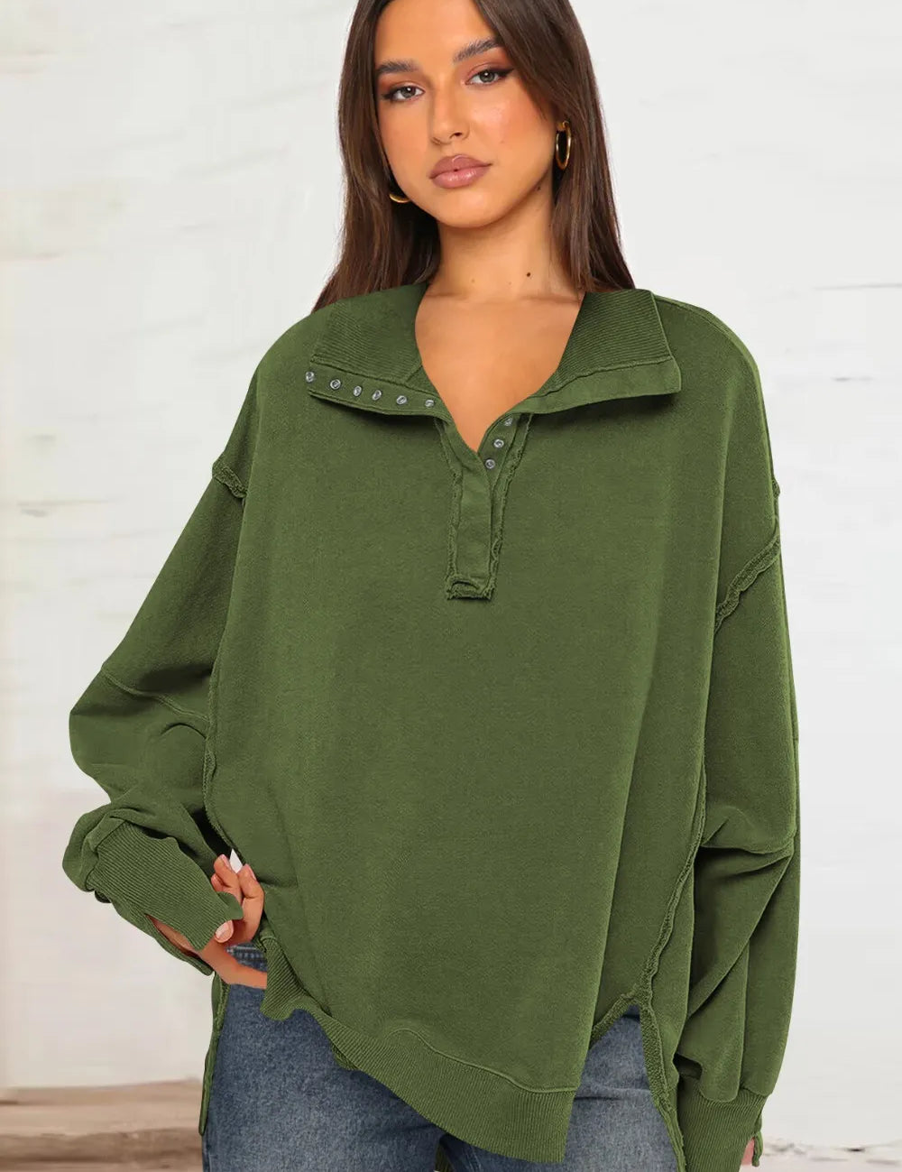 Army Green Exposed Seam Side Slit Long Sleeve Sweatshirt | Sweatshirts Daverri Fashions