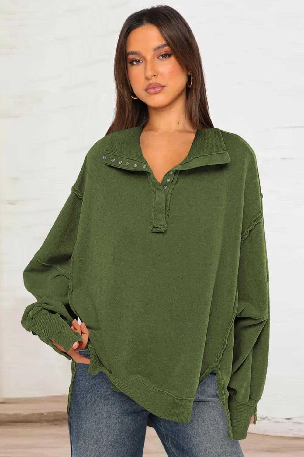 Army Green Exposed Seam Side Slit Long Sleeve Sweatshirt | Sweatshirts Daverri Fashions