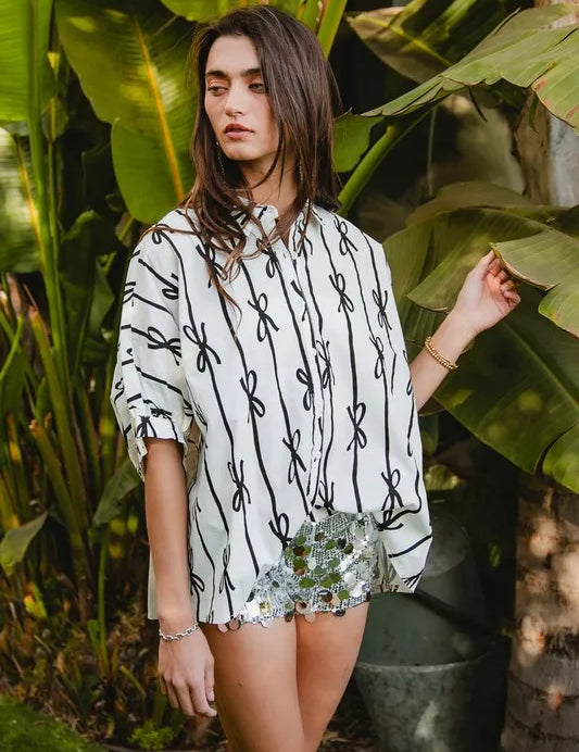 BiBi Bow Ribbon Woven Printed Button Down Shirt | Shirts Daverri Fashions