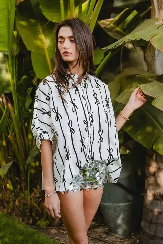 BiBi Bow Ribbon Woven Printed Button Down Shirt - DAVERRI FASHIONS