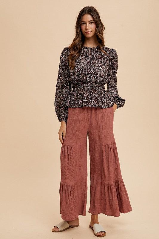 Annie Wear Abstract Print Balloon Sleeve Peplum Blouse - DAVERRI FASHIONS