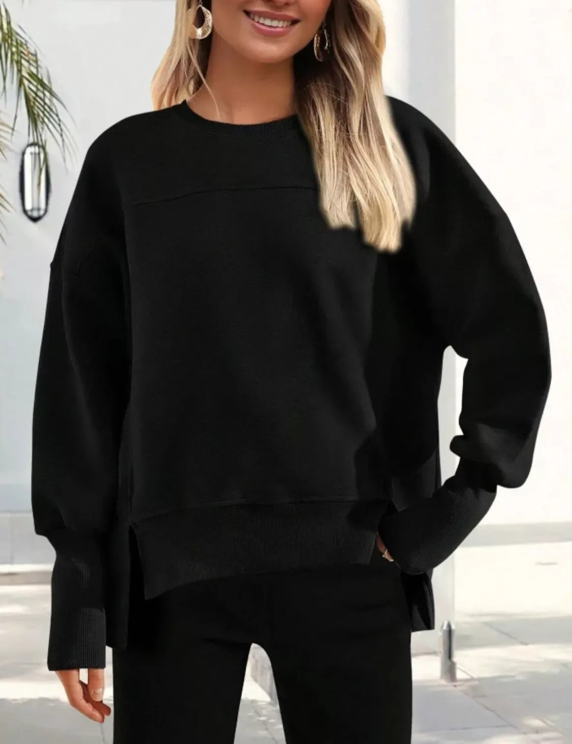 Daverri Fashions Casual Loose Side Slit Sweatshirt - DAVERRI FASHIONS