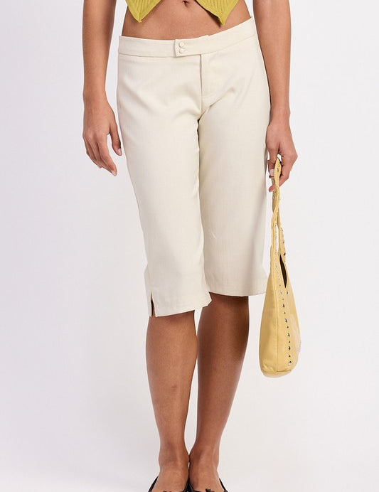 IVORY TAILORED MID RISE BERMUDA PANTS WITH FRONT BUTTON | Daverri Fashions