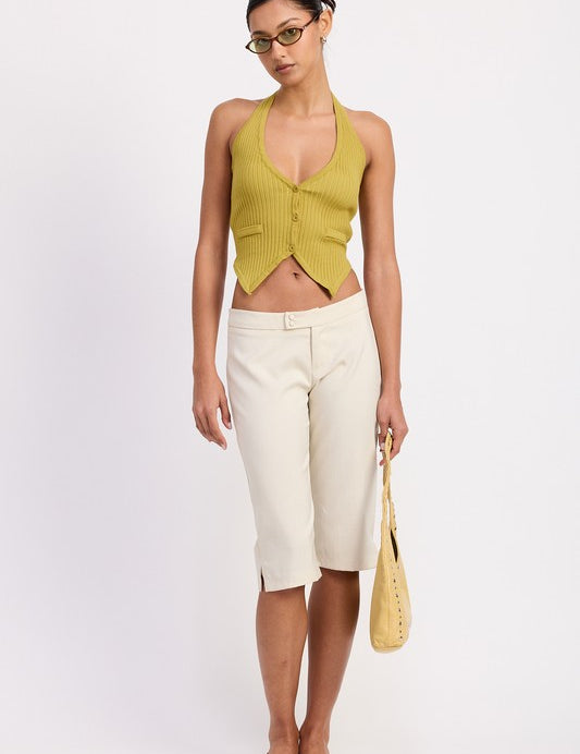 TAILORED MID RISE BERMUDA PANTS WITH FRONT BUTTON | Daverri Fashions