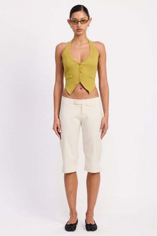 TAILORED MID RISE BERMUDA PANTS WITH FRONT BUTTON | Daverri Fashions