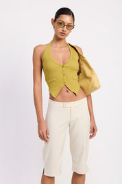 TAILORED MID RISE BERMUDA PANTS WITH FRONT BUTTON | Daverri Fashions