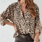 Leopard Button Detail Notched Long Sleeve Blouse - DAVERRI FASHIONS
