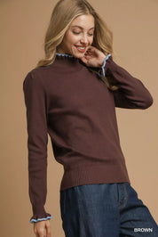 Umgee Ribbed Round Neck Sweater with Ruffle Contrast Trim | Sweaters Daverri Fashions
