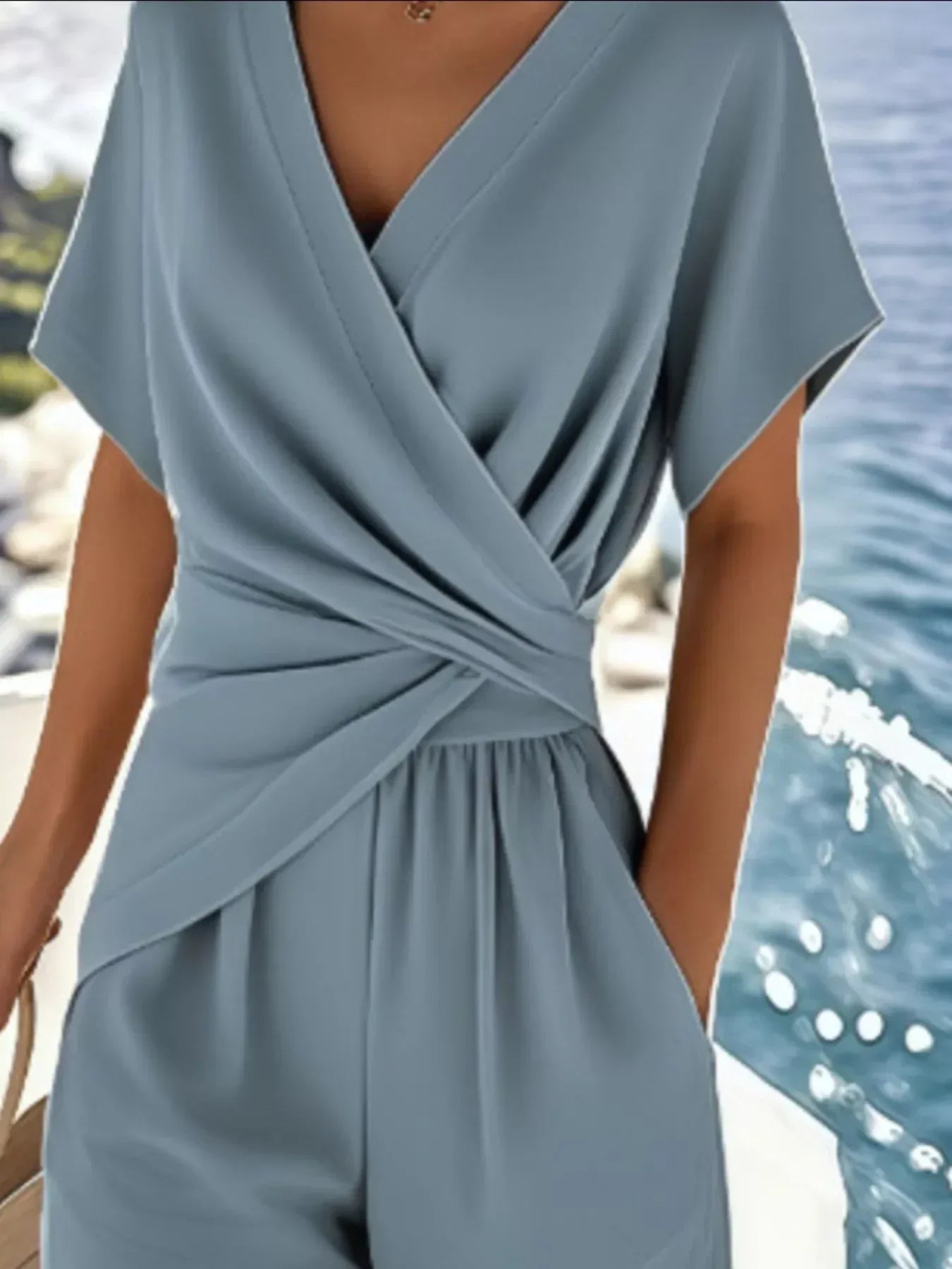 Full Size Surplice Short Sleeve Top and Pants Set Plus Size - DAVERRI FASHIONS