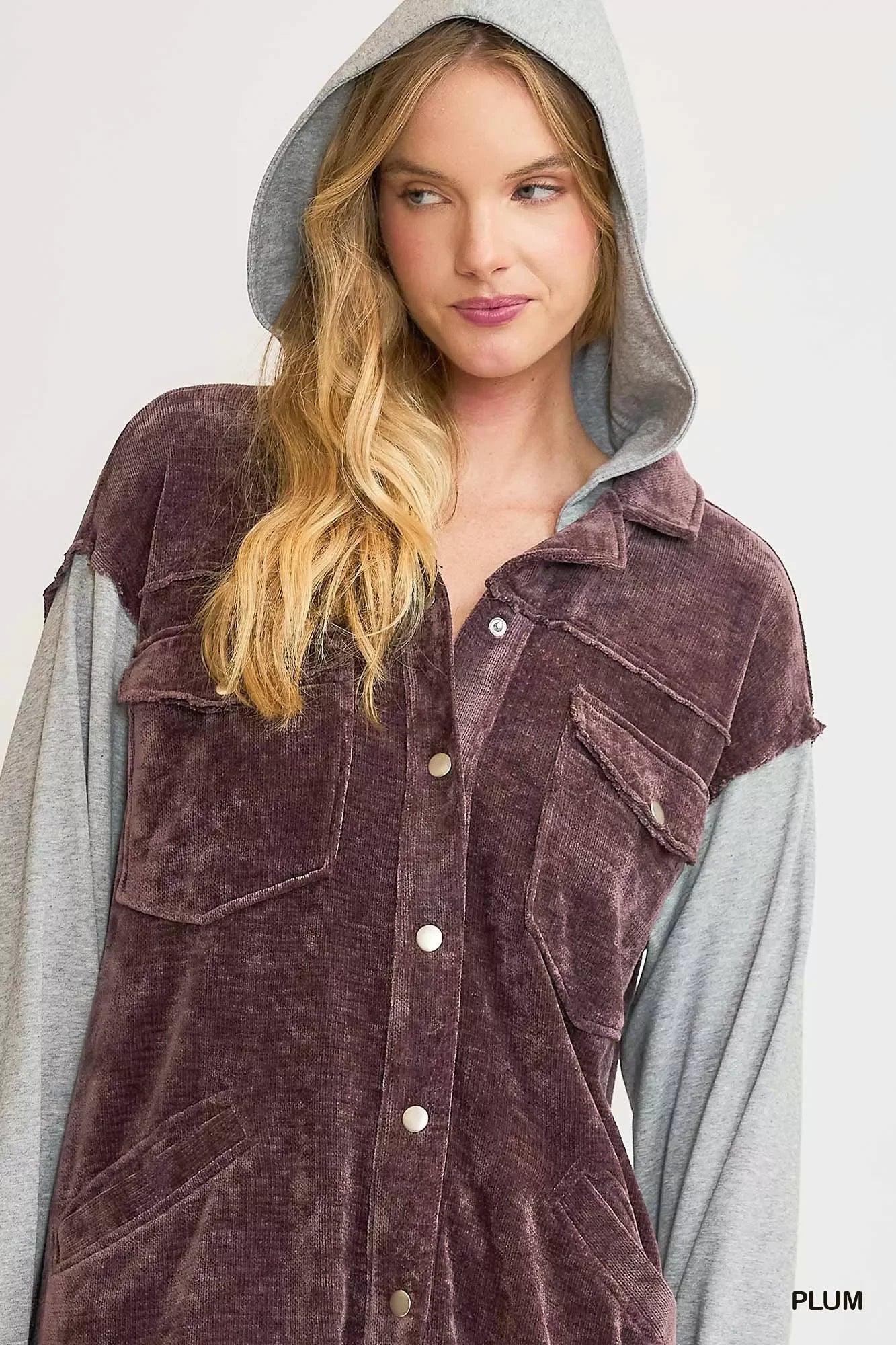Umgee Contrast Hooded Chenille Jacket Plum - DAVERRI FASHIONS