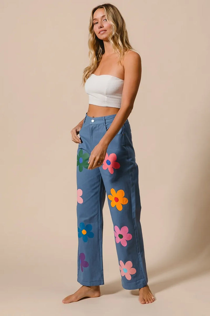 BiBi Flower Print Straight Legs Pants Pants