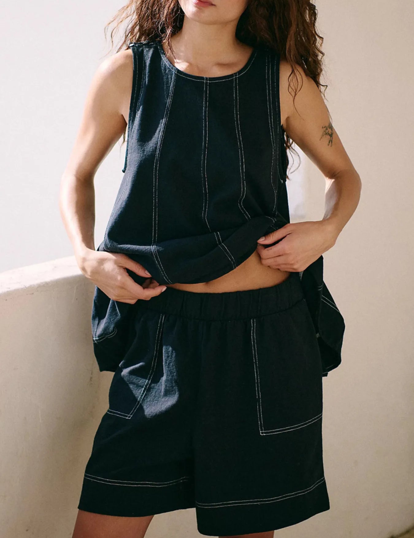 Black Casual Contrast Stitch Denim Tank Top and Shorts Set | Outfit Sets Daverri Fashions