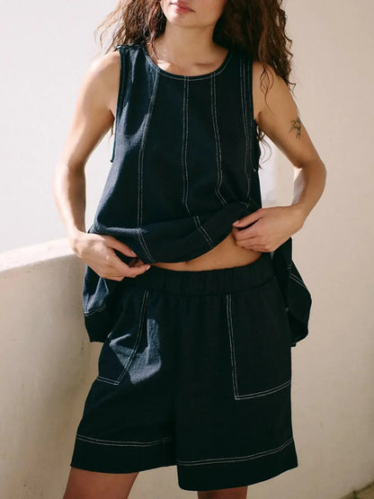 Casual Contrast Stitch Denim Tank Top and Shorts Set - DAVERRI FASHIONS
