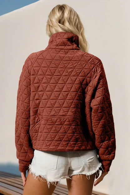 Double Take Half Zip Long Sleeve Quilted Sweatshirt with Pocket - DAVERRI FASHIONS