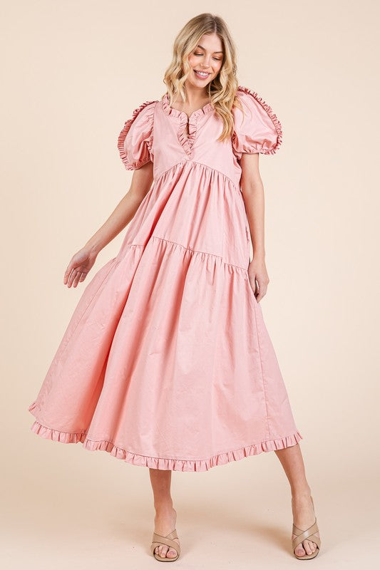 GeeGee Ruffle Trim Puff Sleeve Tiered Babydoll Midi Dress Blush Pink Babydoll Dresses