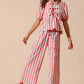 SO ME Front Tie Stripe Top With Puff Sleeves and Wide Leg Pants Set