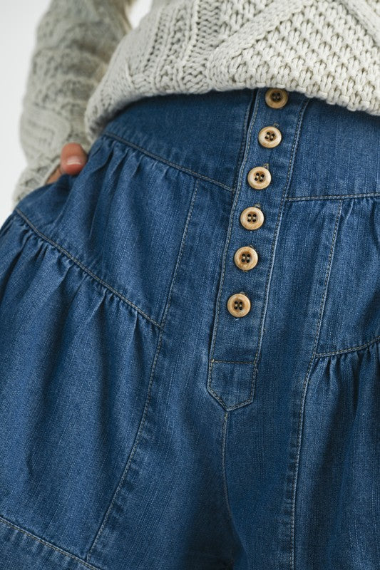 High rise tiered button front denim shorts with ruching details