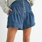 High rise tiered button front denim shorts with ruffled hem