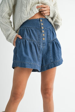 High rise tiered button front denim shorts with ruffled hem