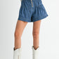 High-rise tiered button-front denim shorts with ruffled hem