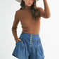 High rise tiered button front denim shorts with ruffled hem