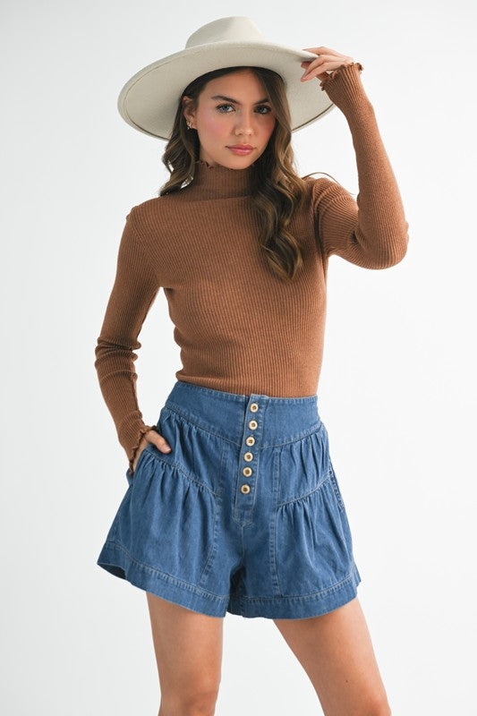 High rise tiered button front denim shorts with ruffled hem