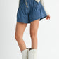 High rise tiered button front denim shorts with ruffled hem