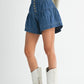 High-rise tiered button front denim shorts with ruffled hem