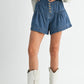 High-rise tiered button front denim shorts with ruffled detail