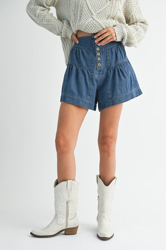 High-rise tiered button front denim shorts with ruffled detail
