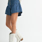 High rise tiered button front denim shorts with flared hem