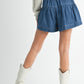 High rise tiered button front blue denim shorts with elastic waistband