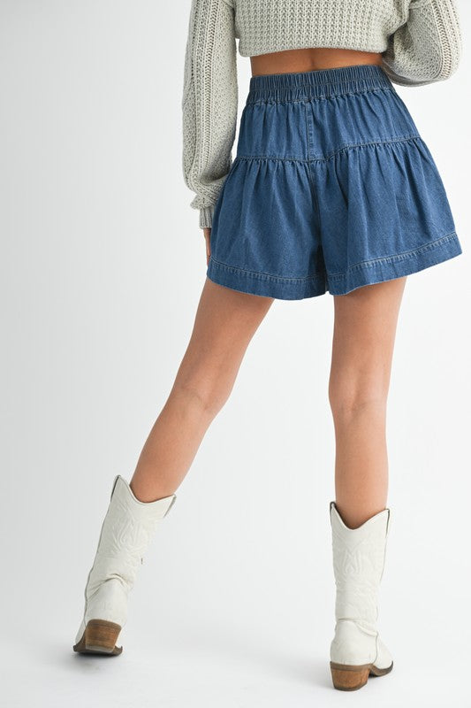 High rise tiered button front blue denim shorts with elastic waistband