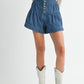 High-rise tiered button-front denim shorts with ruffled hem