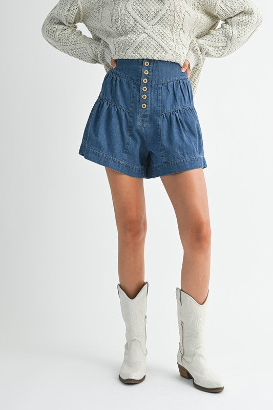 High-rise tiered button-front denim shorts with ruffled hem