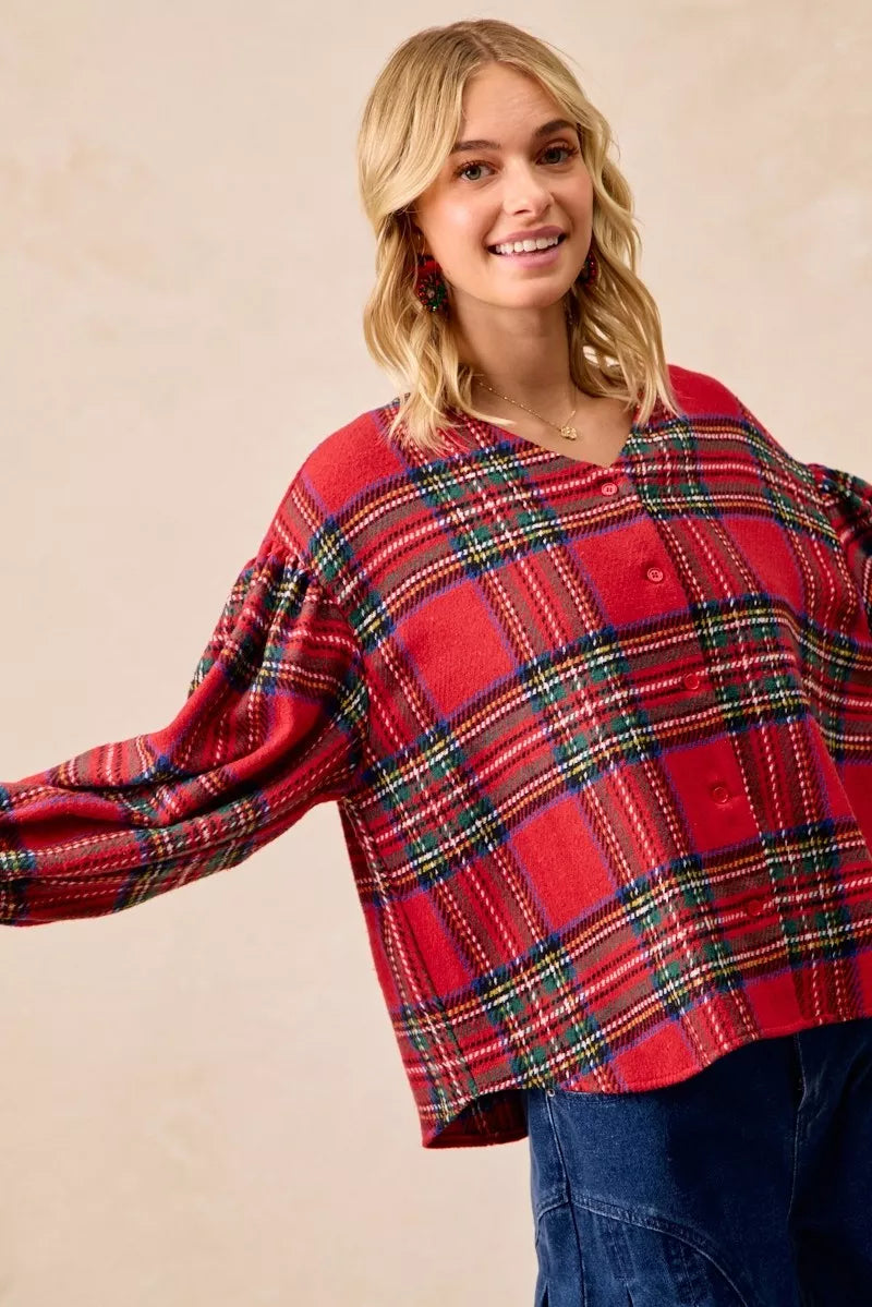 BiBi Christmas Plaid V-Neck Flounce Sleeve Jacket | Jackets Daverri Fashions