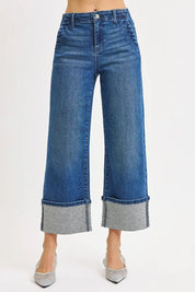 RISEN High Rise Ankle Wide Rhine Stone Cuffed Jeans | Jeans Daverri Fashions
