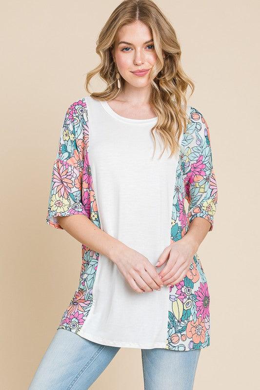 BOMBOM Floral Round Neck Half Sleeve T-Shirt | Daverri Fashions