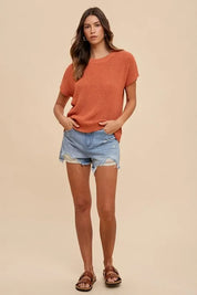 Terracotta Annie Wear short sleeve knit top with denim shorts and sandals