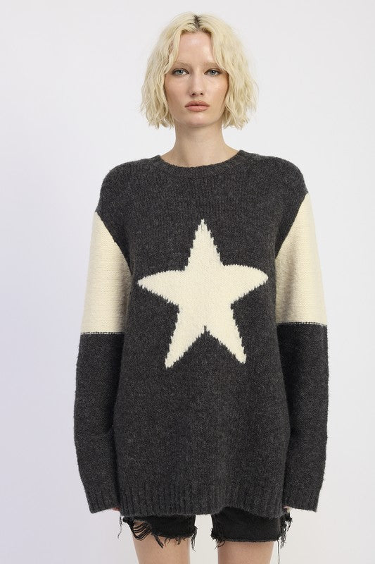 GREY COMBO Oversized Sweater with Star Print | Sweaters Daverri Fashions