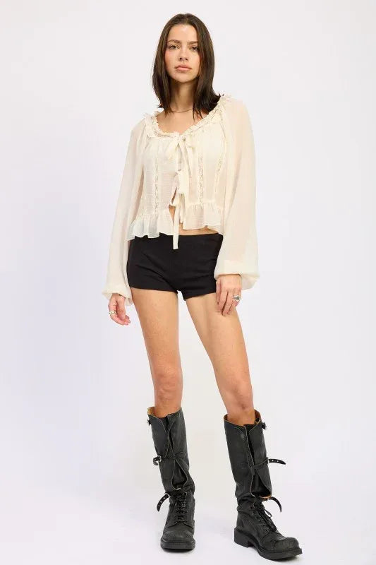 Round Neck Long Sleeve Flared Blouse - DAVERRI FASHIONS