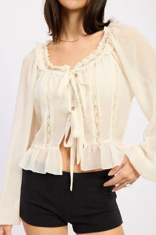 Round Neck Long Sleeve Flared Blouse - DAVERRI FASHIONS